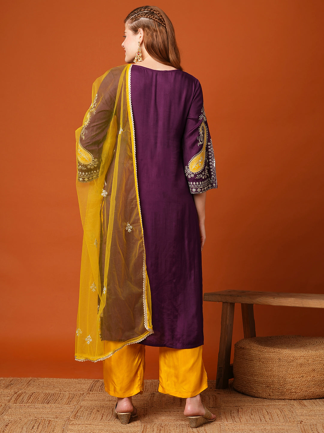 Solid Ethnic Zari Embroidered Straight Fit Kurta with Pant and Dupatta - Purple