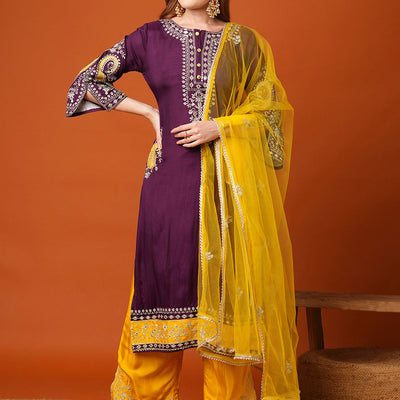 Solid Ethnic Zari Embroidered Straight Fit Kurta with Pant and Dupatta - Purple
