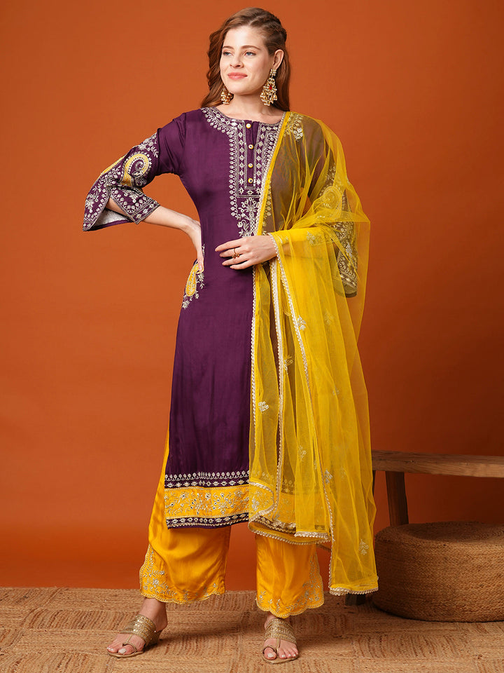 Solid Ethnic Zari Embroidered Straight Fit Kurta with Pant and Dupatta - Purple