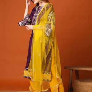 Solid Ethnic Zari Embroidered Straight Fit Kurta with Pant and Dupatta - Purple