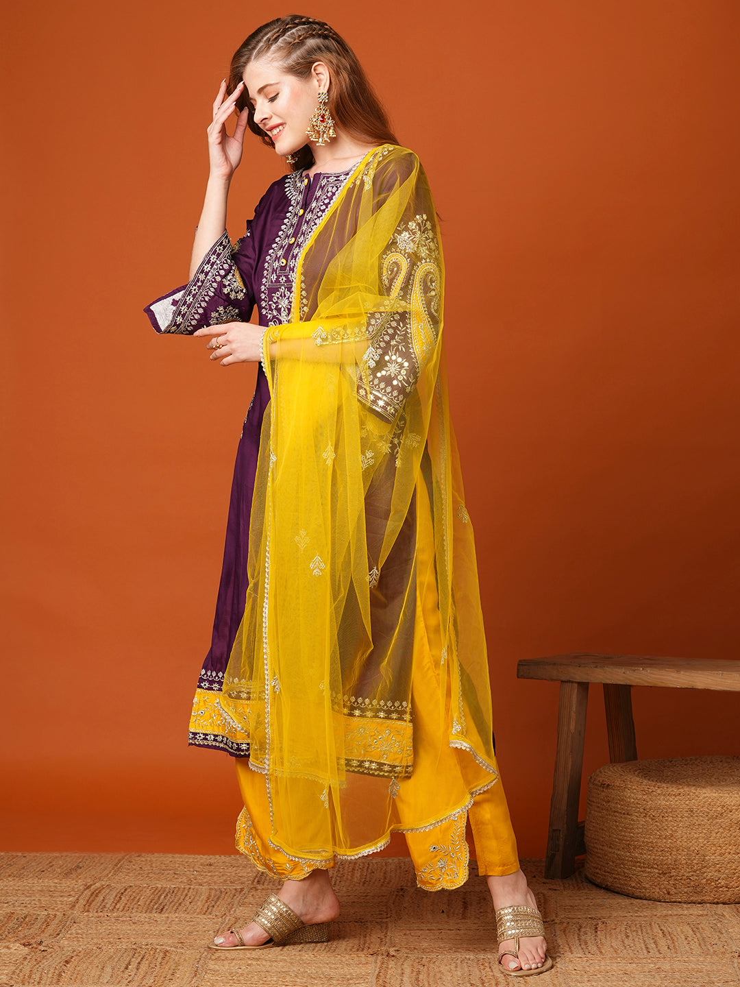 Solid Ethnic Zari Embroidered Straight Fit Kurta with Pant and Dupatta - Purple