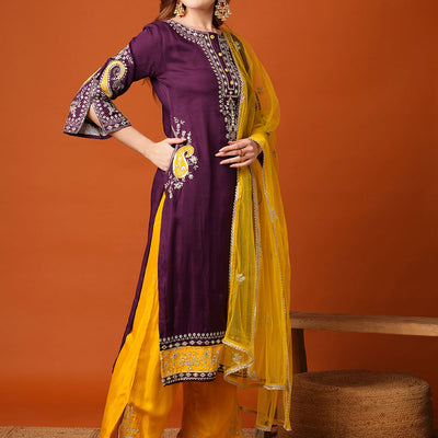 Solid Ethnic Zari Embroidered Straight Fit Kurta with Pant and Dupatta - Purple