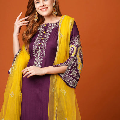 Solid Ethnic Zari Embroidered Straight Fit Kurta with Pant and Dupatta - Purple