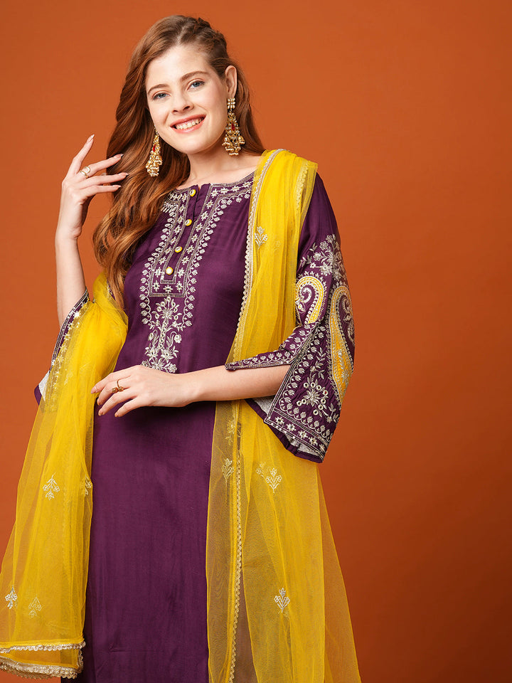 Solid Ethnic Zari Embroidered Straight Fit Kurta with Pant and Dupatta - Purple