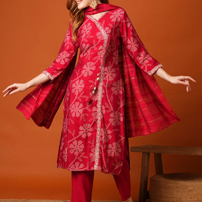 Floral Bandhani Printed & Embroidered Straight Fit Kurta with Pant and Dupatta - Maroon