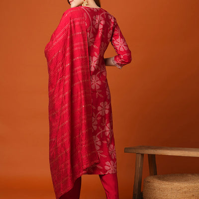 Floral Bandhani Printed & Embroidered Straight Fit Kurta with Pant and Dupatta - Maroon