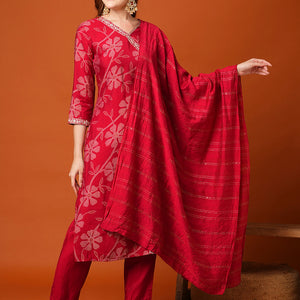 Floral Bandhani Printed & Embroidered Straight Fit Kurta with Pant and Dupatta - Maroon