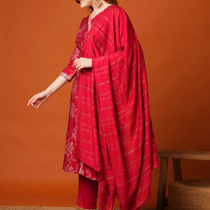 Floral Bandhani Printed & Embroidered Straight Fit Kurta with Pant and Dupatta - Maroon