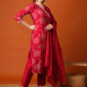 Floral Bandhani Printed & Embroidered Straight Fit Kurta with Pant and Dupatta - Maroon