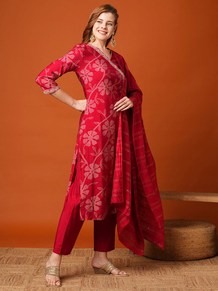 Floral Bandhani Printed & Embroidered Straight Fit Kurta with Pant and Dupatta - Maroon