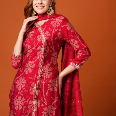 Floral Bandhani Printed & Embroidered Straight Fit Kurta with Pant and Dupatta - Maroon