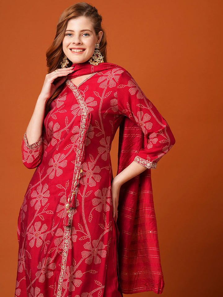 Floral Bandhani Printed & Embroidered Straight Fit Kurta with Pant and Dupatta - Maroon