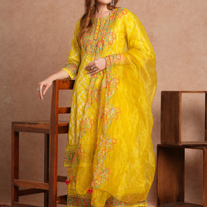 Ethnic Khari Printed Embroidered Straight Fit Kurta with Flared Palazzo and Dupatta - Lime Green