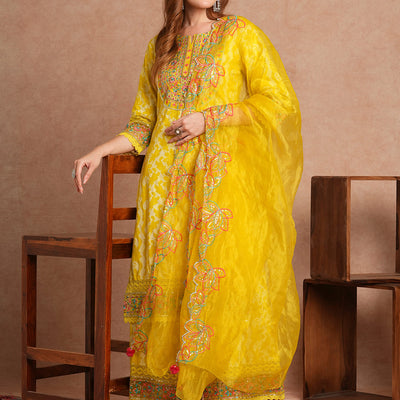 Ethnic Khari Printed Embroidered Straight Fit Kurta with Flared Palazzo and Dupatta - Lime Green