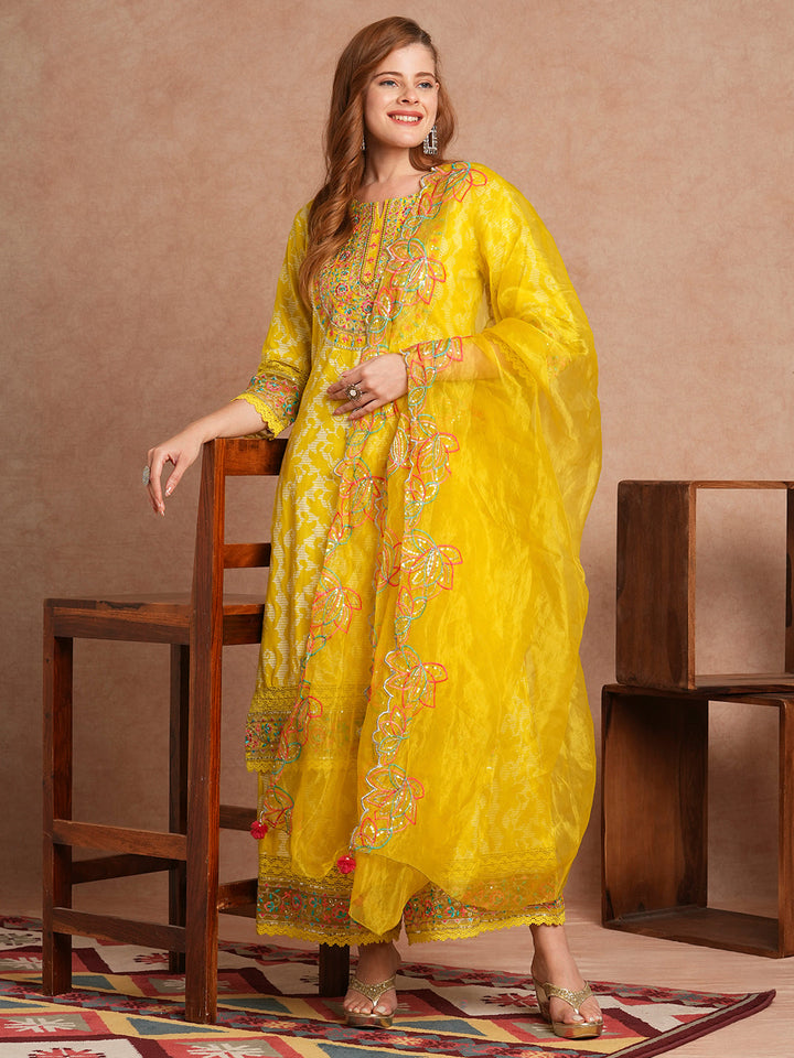 Ethnic Khari Printed Embroidered Straight Fit Kurta with Flared Palazzo and Dupatta - Lime Green