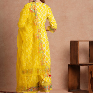 Ethnic Khari Printed Embroidered Straight Fit Kurta with Flared Palazzo and Dupatta - Lime Green