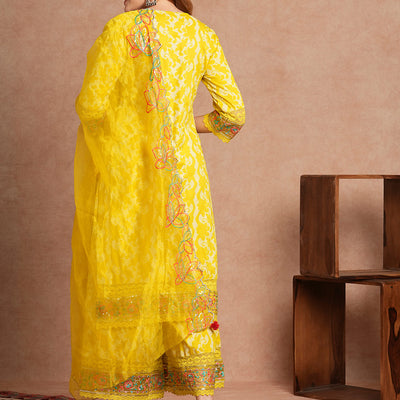Ethnic Khari Printed Embroidered Straight Fit Kurta with Flared Palazzo and Dupatta - Lime Green