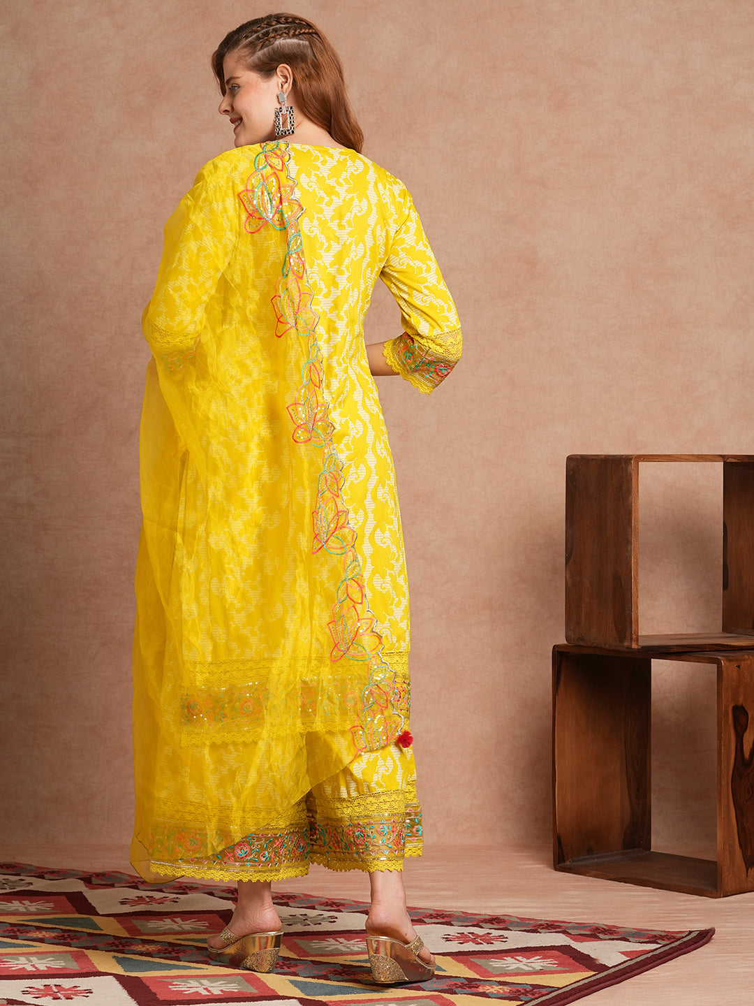 Ethnic Khari Printed Embroidered Straight Fit Kurta with Flared Palazzo and Dupatta - Lime Green