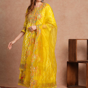 Ethnic Khari Printed Embroidered Straight Fit Kurta with Flared Palazzo and Dupatta - Lime Green