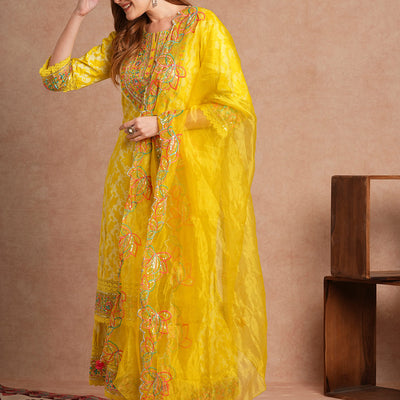 Ethnic Khari Printed Embroidered Straight Fit Kurta with Flared Palazzo and Dupatta - Lime Green