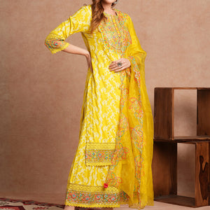 Ethnic Khari Printed Embroidered Straight Fit Kurta with Flared Palazzo and Dupatta - Lime Green