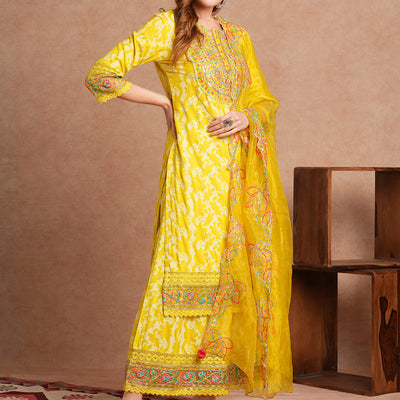 Ethnic Khari Printed Embroidered Straight Fit Kurta with Flared Palazzo and Dupatta - Lime Green