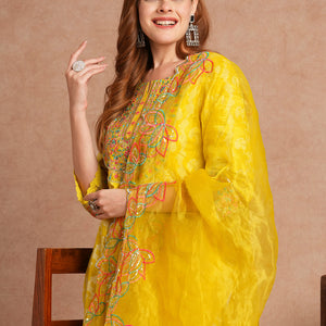 Ethnic Khari Printed Embroidered Straight Fit Kurta with Flared Palazzo and Dupatta - Lime Green