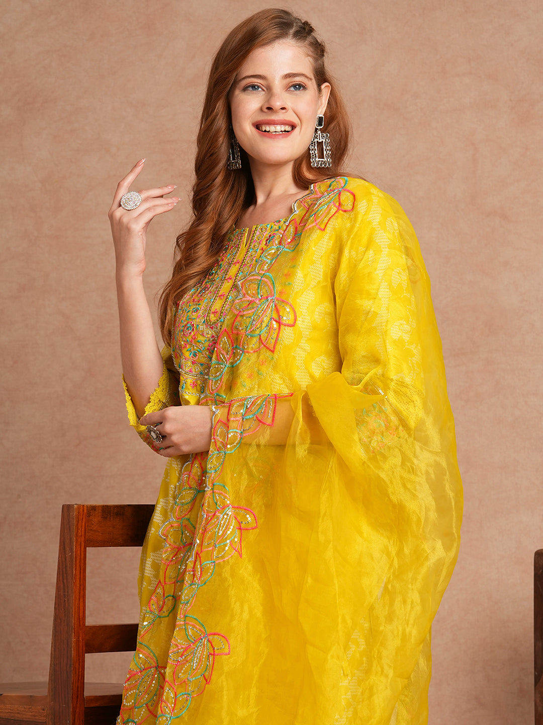 Ethnic Khari Printed Embroidered Straight Fit Kurta with Flared Palazzo and Dupatta - Lime Green