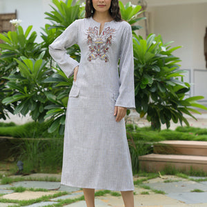 Animal Aztec Motif Embroidered A-Line Flared Midi Dress - Grey