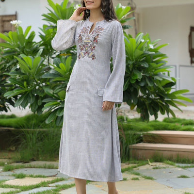 Animal Aztec Motif Embroidered A-Line Flared Midi Dress - Grey