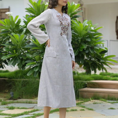 Animal Aztec Motif Embroidered A-Line Flared Midi Dress - Grey