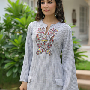 Animal Aztec Motif Embroidered A-Line Flared Midi Dress - Grey