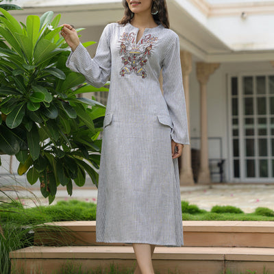 Animal Aztec Motif Embroidered A-Line Flared Midi Dress - Grey