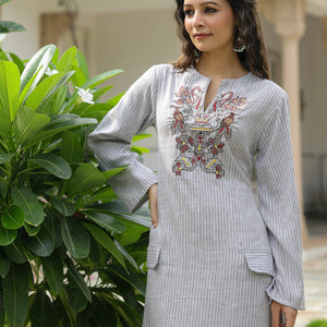 Animal Aztec Motif Embroidered A-Line Flared Midi Dress - Grey