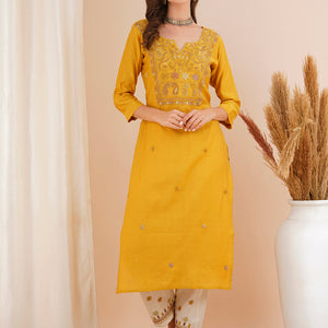 Solid Floral Hand Embroidered Straight Fit Kurta with Pant - Mustard