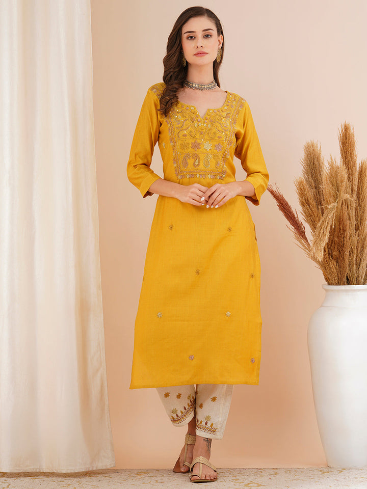 Solid Floral Hand Embroidered Straight Fit Kurta with Pant - Mustard