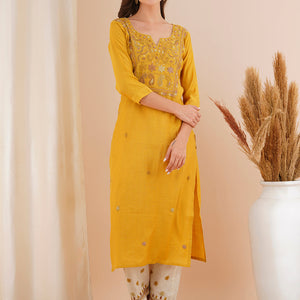 Solid Floral Hand Embroidered Straight Fit Kurta with Pant - Mustard
