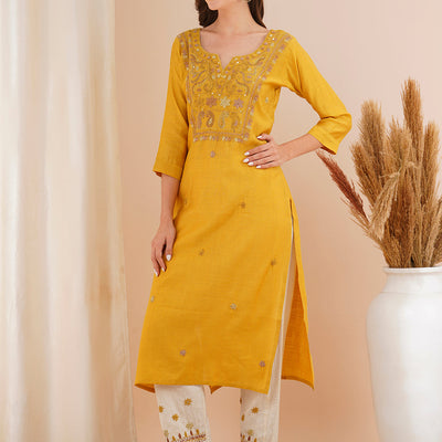 Solid Floral Hand Embroidered Straight Fit Kurta with Pant - Mustard