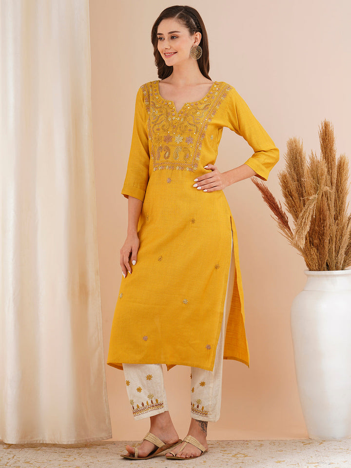 Solid Floral Hand Embroidered Straight Fit Kurta with Pant - Mustard