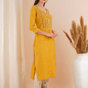 Solid Floral Hand Embroidered Straight Fit Kurta with Pant - Mustard