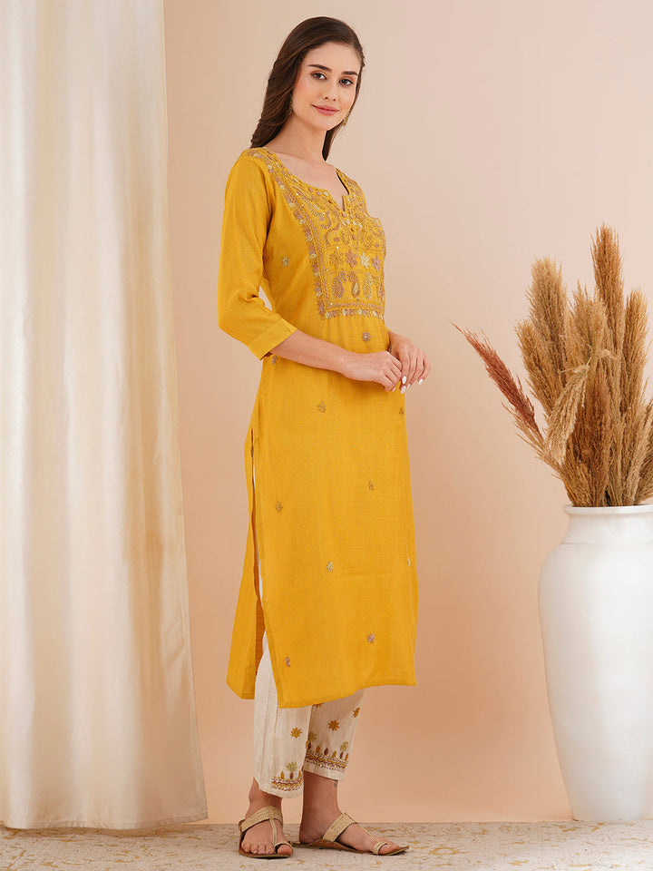 Solid Floral Hand Embroidered Straight Fit Kurta with Pant - Mustard