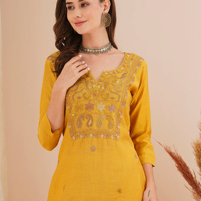 Solid Floral Hand Embroidered Straight Fit Kurta with Pant - Mustard