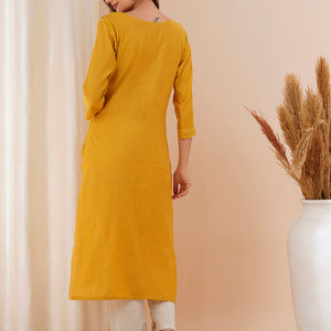 Solid Floral Hand Embroidered Straight Fit Kurta with Pant - Mustard
