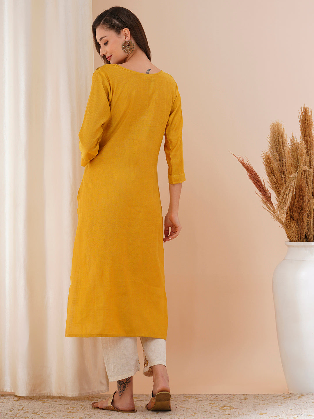 Solid Floral Hand Embroidered Straight Fit Kurta with Pant - Mustard