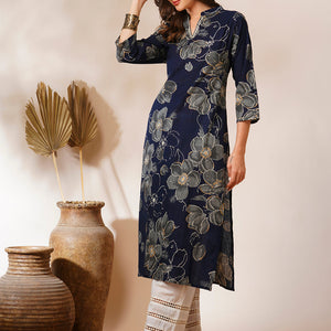 Abstract Floral Printed Straight Fit Kurta - Navy Blue