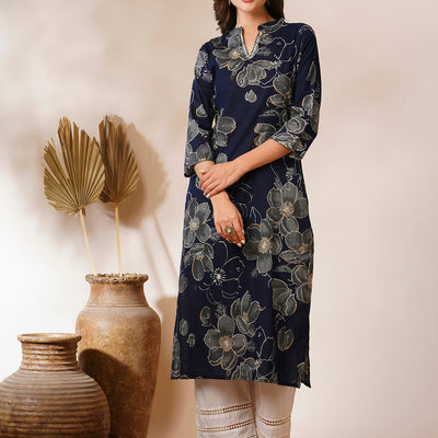 Abstract Floral Printed Straight Fit Kurta - Navy Blue