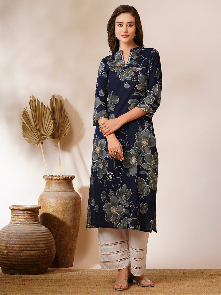 Abstract Floral Printed Straight Fit Kurta - Navy Blue