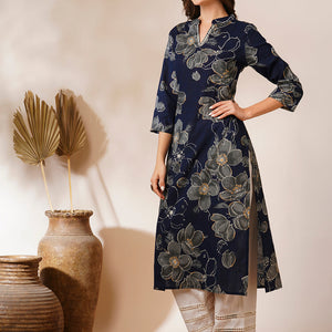 Abstract Floral Printed Straight Fit Kurta - Navy Blue