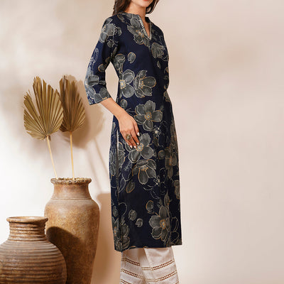 Abstract Floral Printed Straight Fit Kurta - Navy Blue