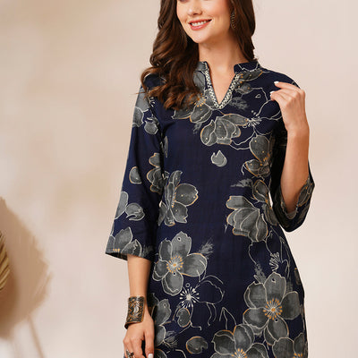 Abstract Floral Printed Straight Fit Kurta - Navy Blue